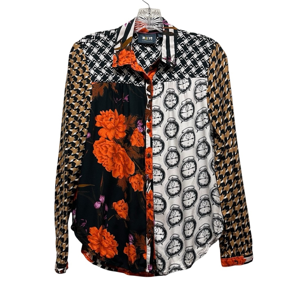 Maeve by Anthropologie The Paz Button Down Shirt Mix Print Novelty X-Small - Picture 2 of 11